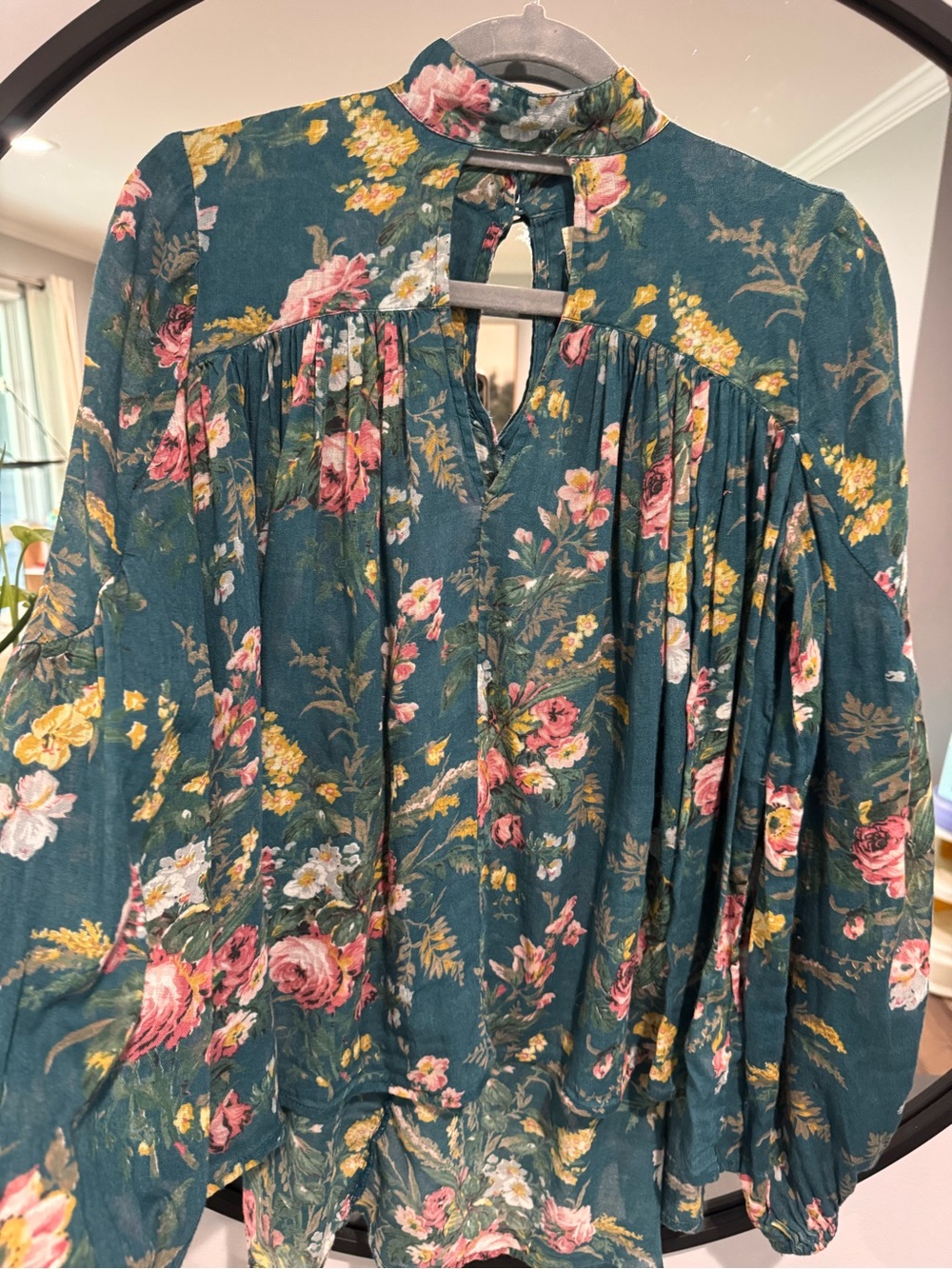 Ralph Lauren Teal 100% Cotton Floral Peasant Blouse with Pink & Yellow Blooms